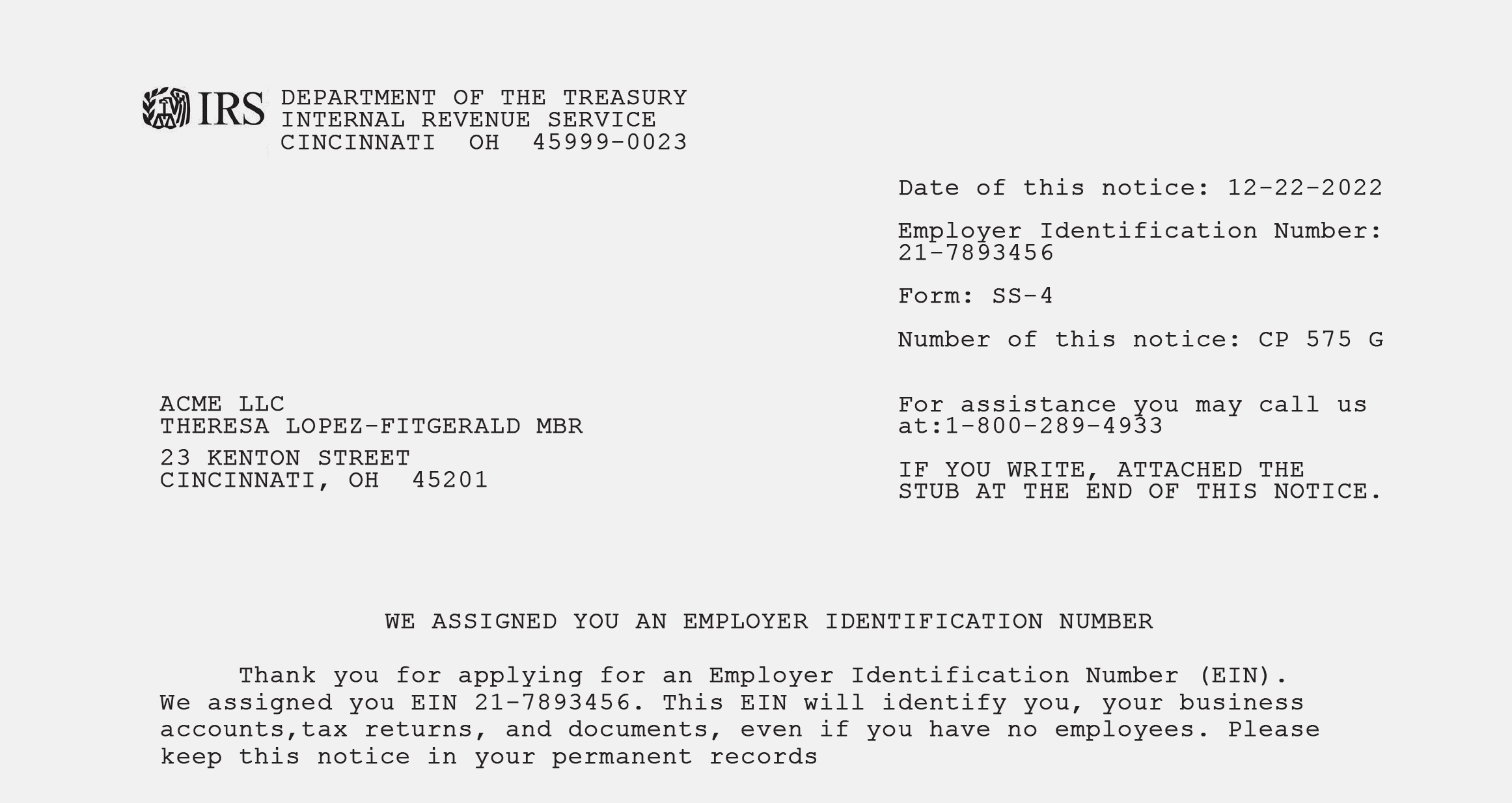 IRS EIN Assignment Notice