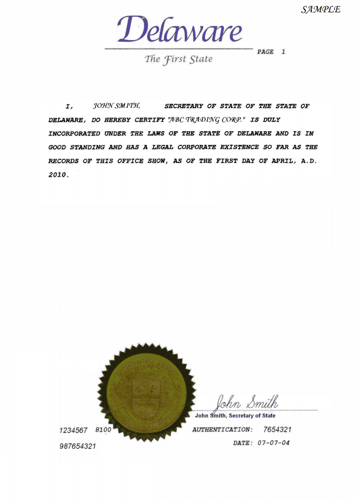 Delaware Certificate